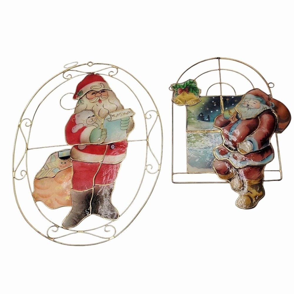 Vintage Christmas Stained Glass Santa Window Hangings Lot of 2 Metal Frame Decor